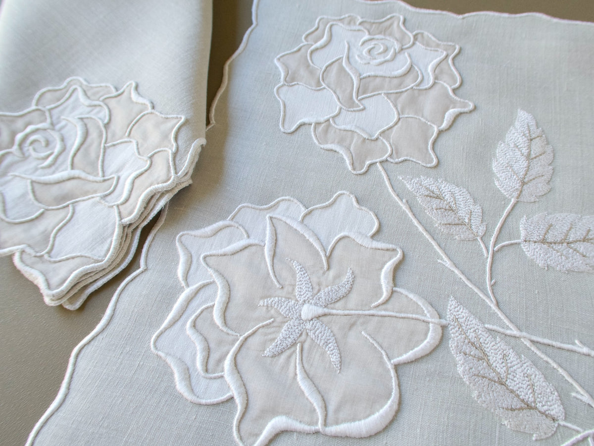 Vintage Marghab "Rose" placemat and napkin with raised rose and leaf embroidery and a scalloped edge