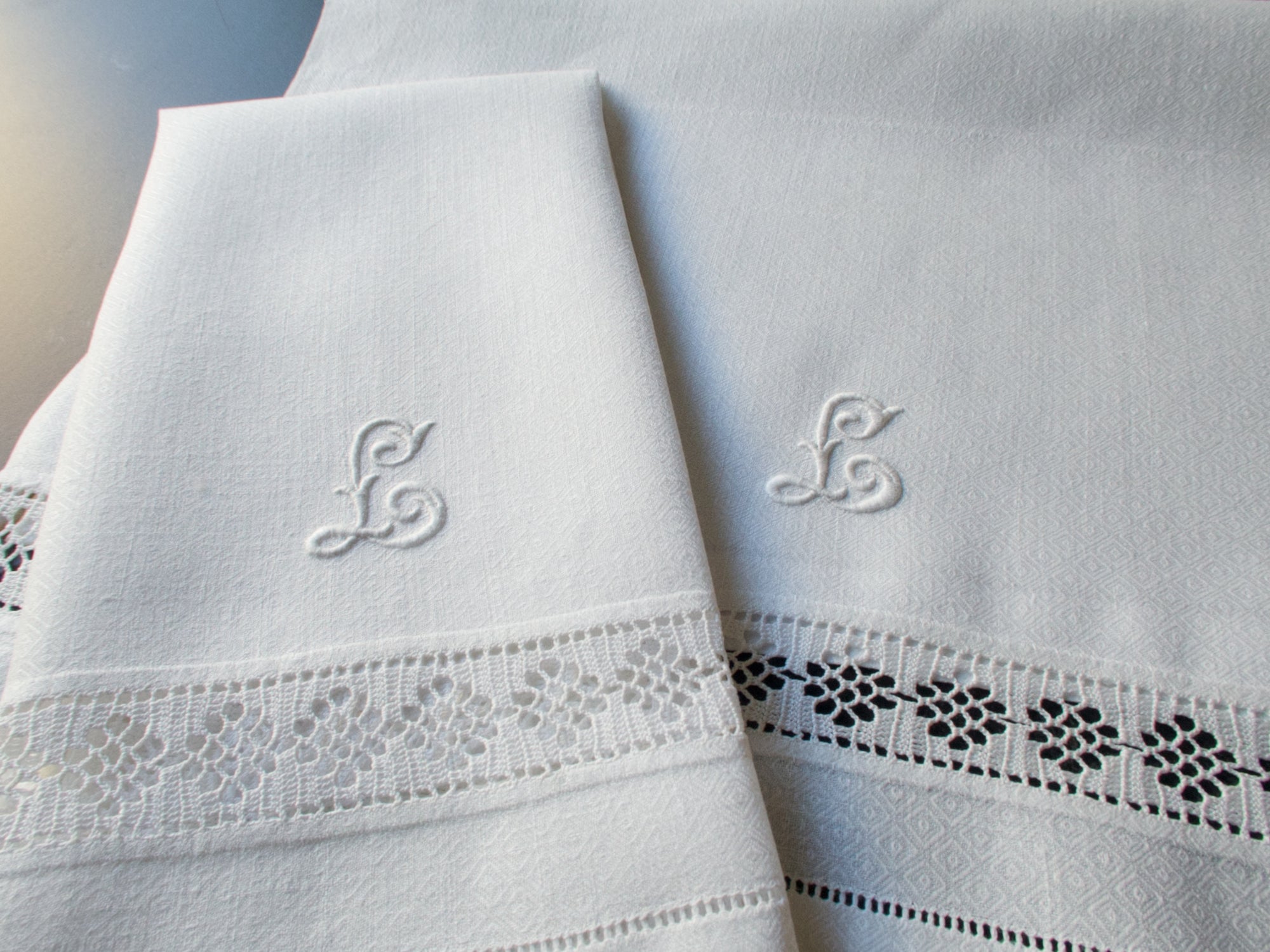 "L" Monogram Vintage Diamond Damask Guest Towels, Set of 2