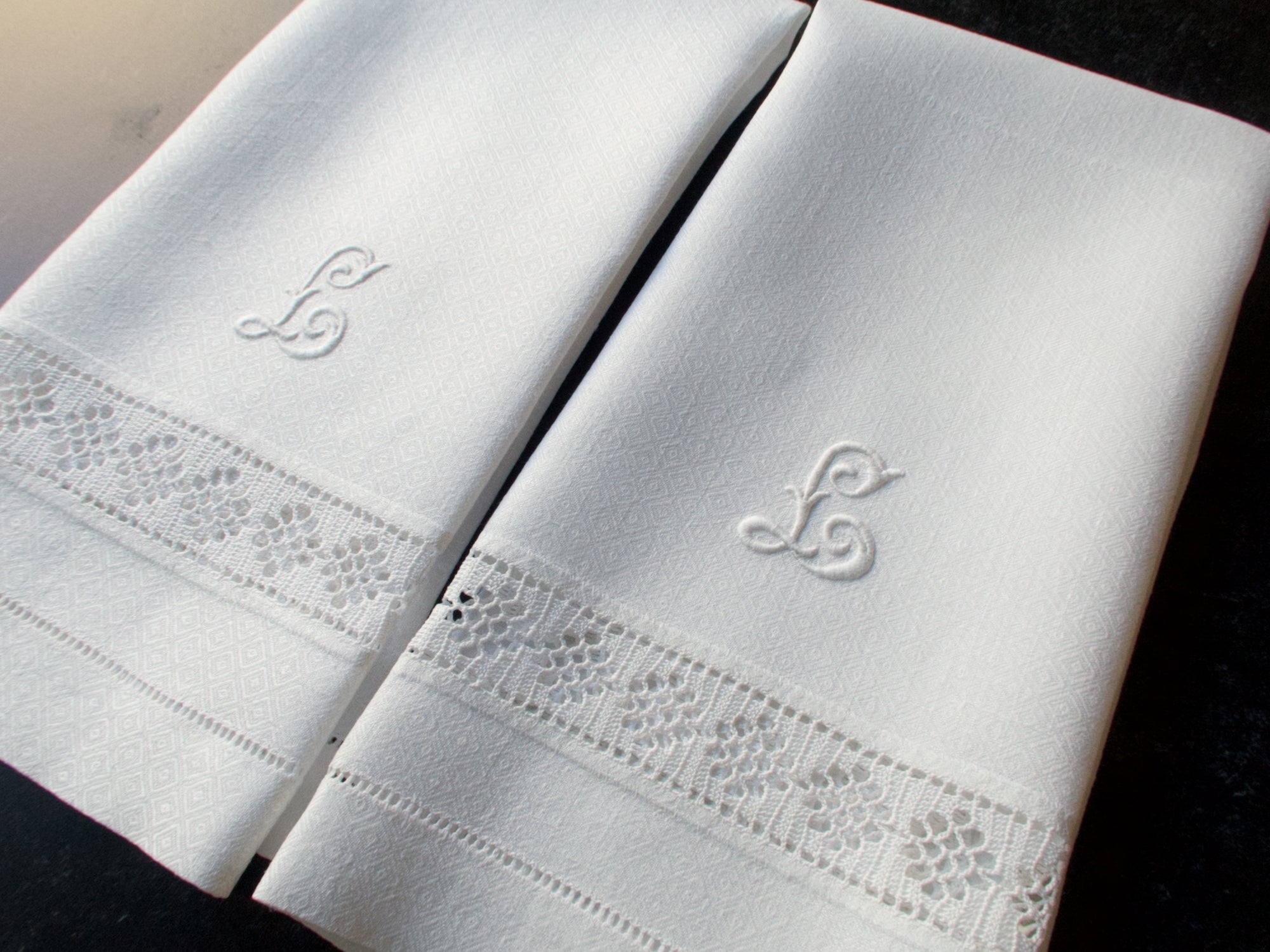 "L" Monogram Vintage Diamond Damask Guest Towels, Set of 2