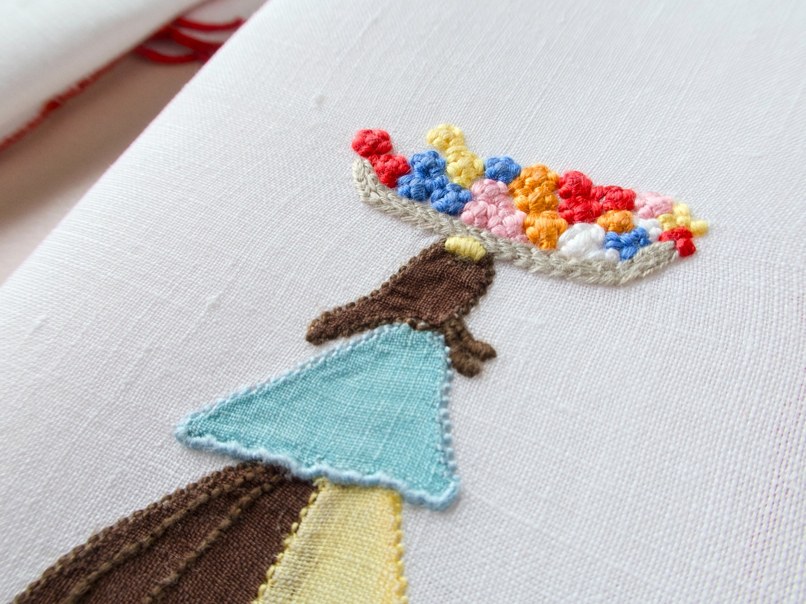 Close-up detail of vintage Marghab Flower Woman cocktail napkin showing colorful French knot embroidery in flower basket on white linen
