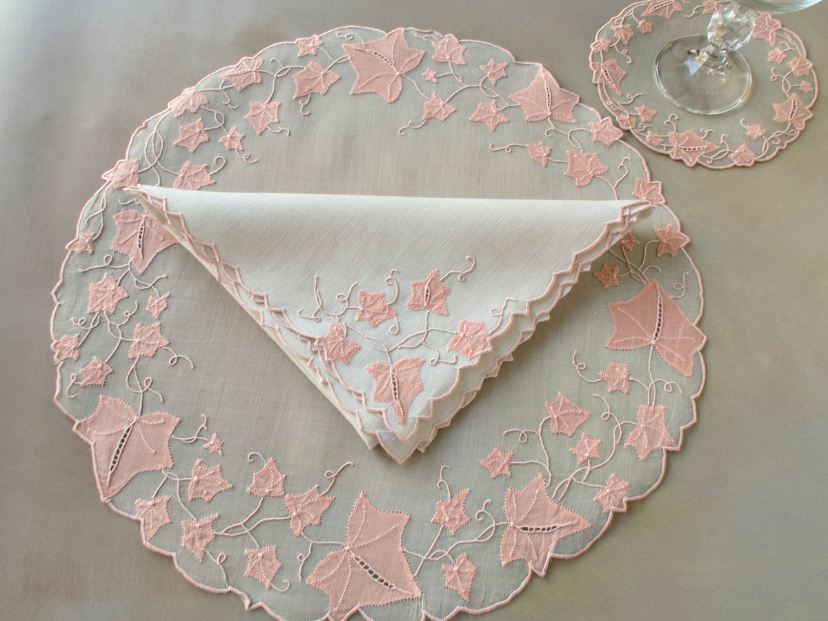 Vintage Marghab “Ivy” placemat set in soft pink organdy with matching linen napkins and coasters, hand embroidered in Madeira with trailing ivy motifs.