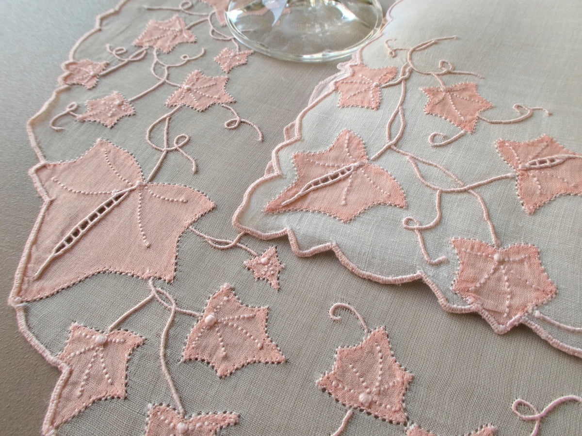 Vintage Marghab “Ivy” placemat set in soft pink organdy with matching linen napkins and coasters, hand embroidered in Madeira with trailing ivy motifs.