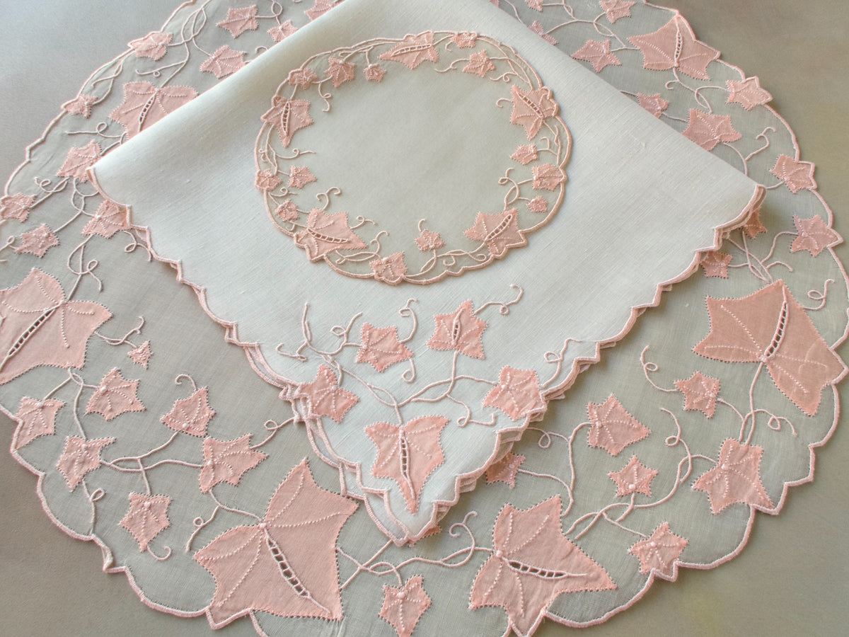 Vintage Marghab “Ivy” placemat set in soft pink organdy with matching linen napkins and coasters, hand embroidered in Madeira with trailing ivy motifs.
