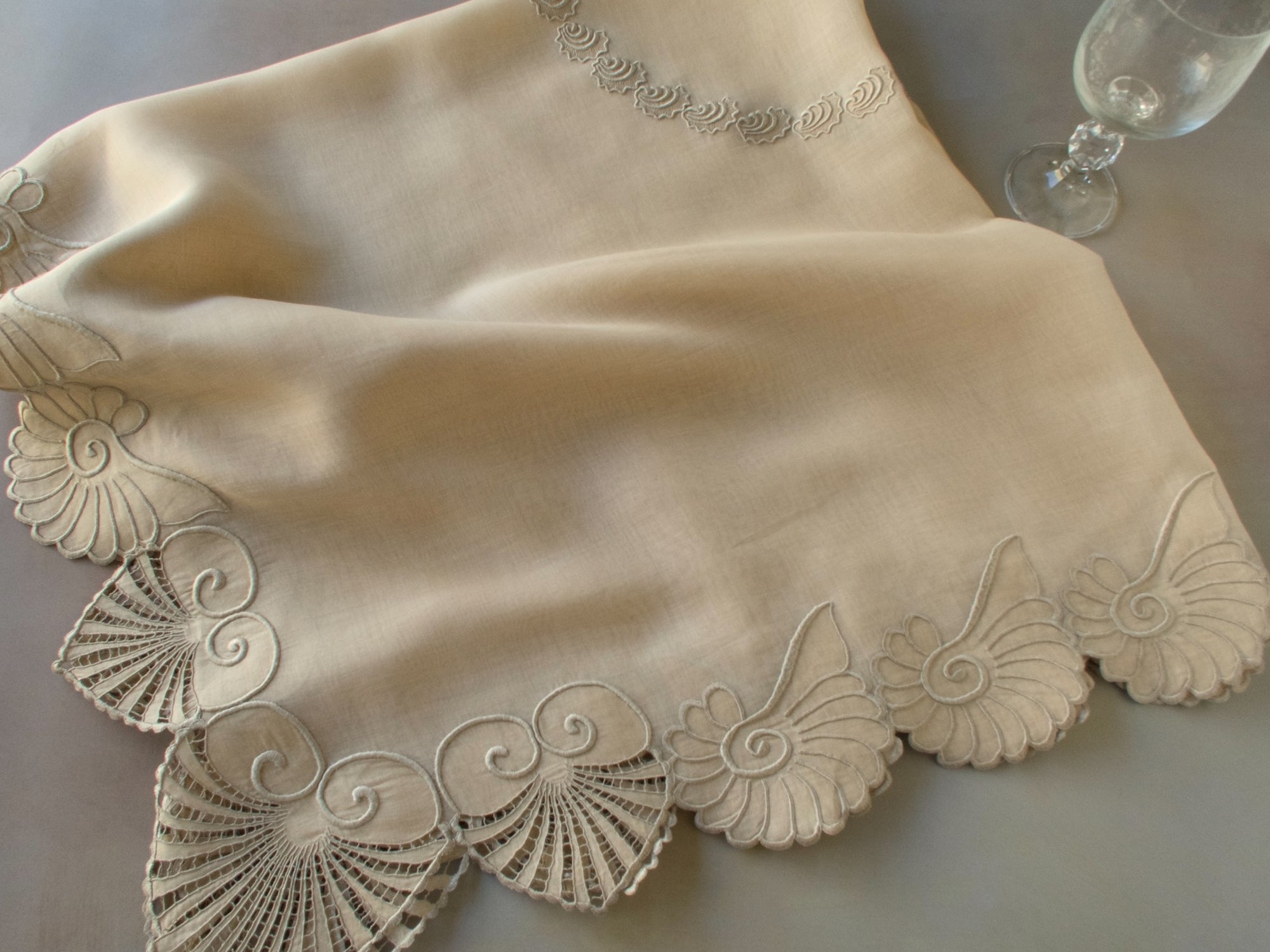 Vintage Marghab “Shell” organdy table topper, hand embroidered in Madeira with a variety of shell motifs and airy cutwork on fine sheer organdy.