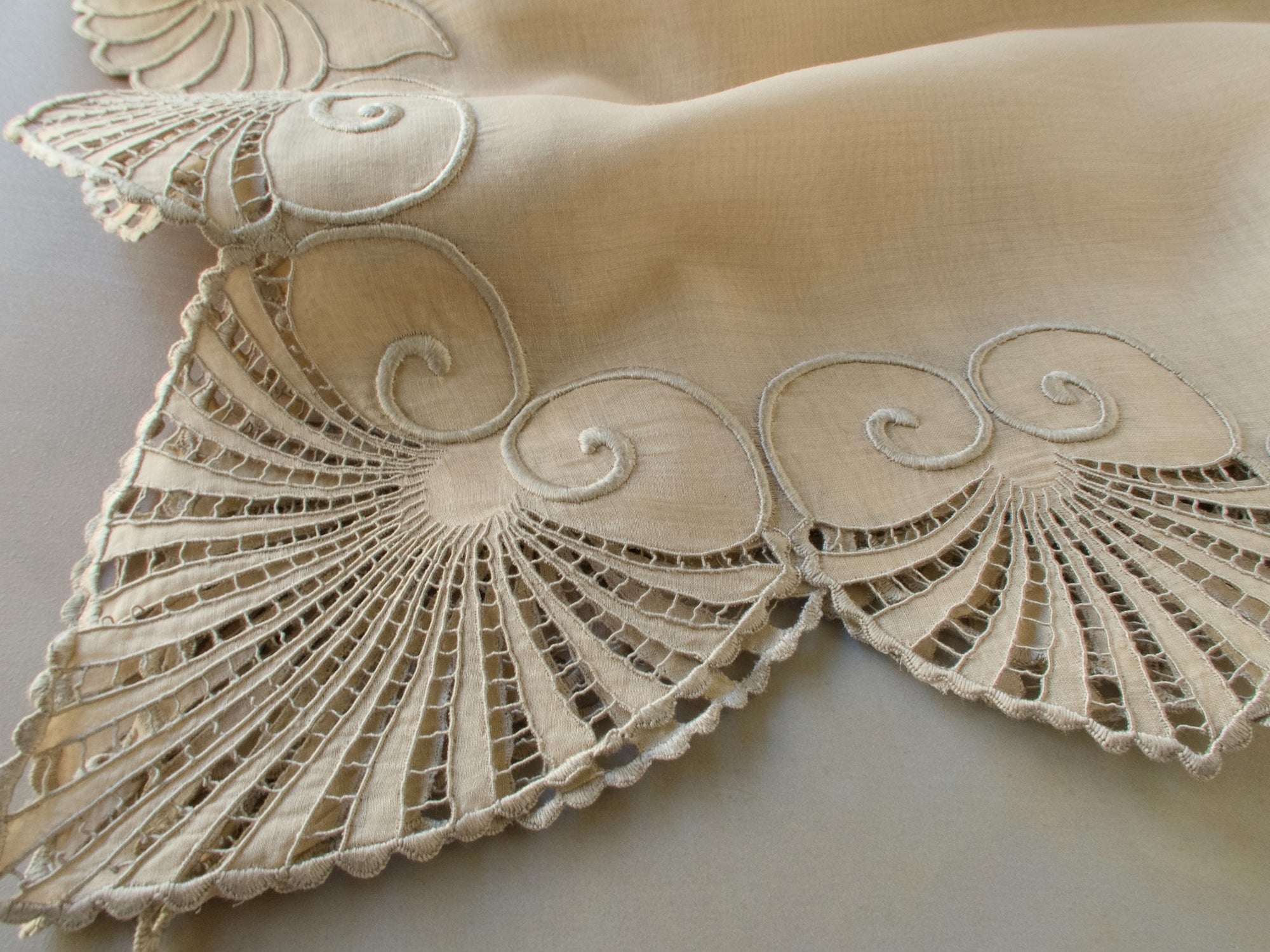 Vintage Marghab “Shell” organdy table topper, hand embroidered in Madeira with a variety of shell motifs and airy cutwork on fine sheer organdy.