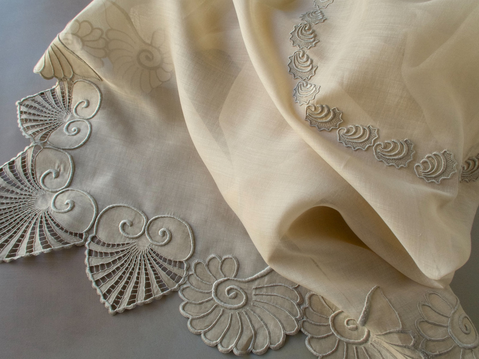 Vintage Marghab “Shell” organdy table topper, hand embroidered in Madeira with a variety of shell motifs and airy cutwork on fine sheer organdy.