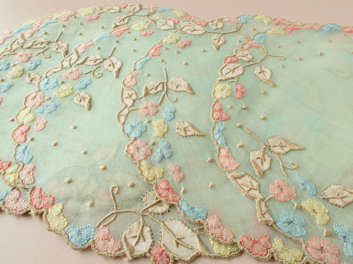 Close-up of vintage Madeira pale green organdy cocktail round showing multicolor flower border in pink blue and yellow with shadow work leaves and granito details.​​​​​​​​​​​​​​​​