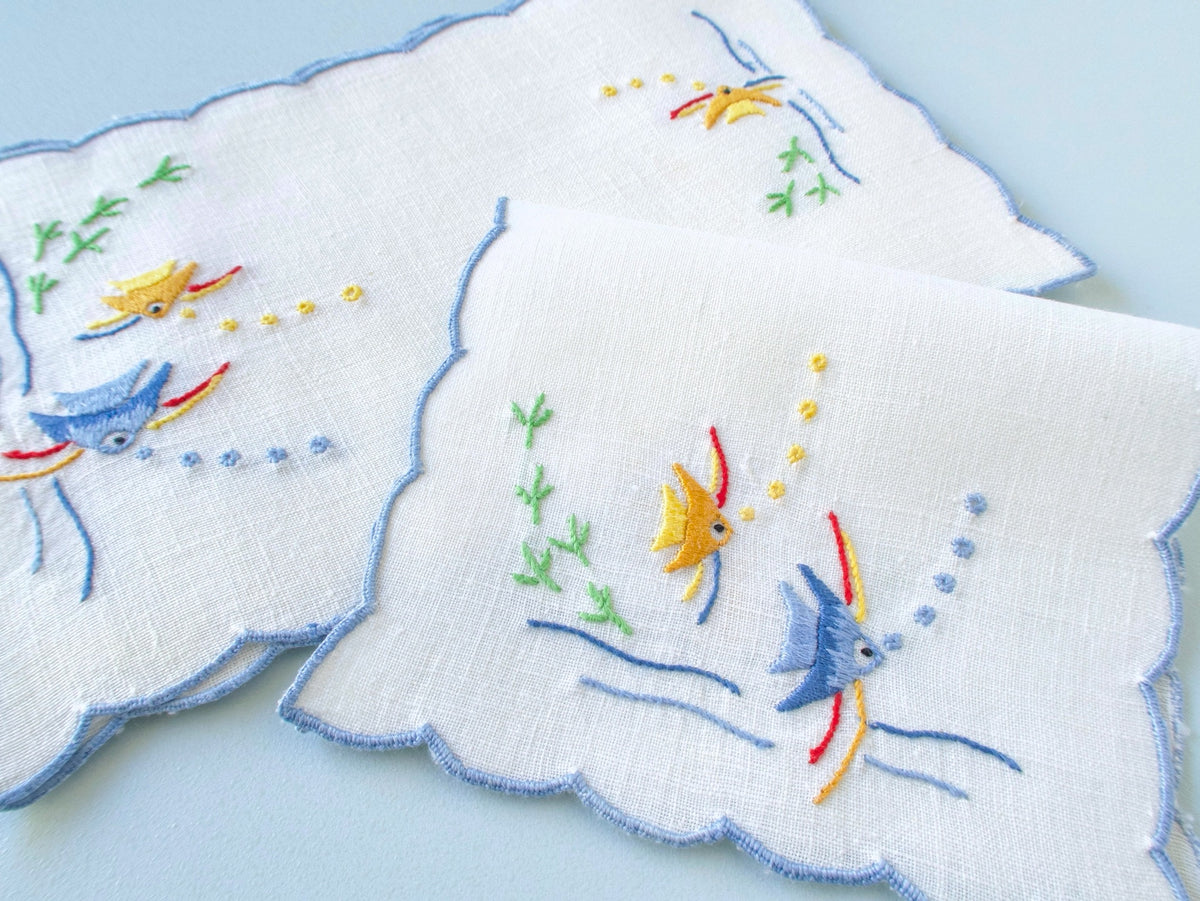 Vintage hand embroidered cocktail napkins, set of 6, yellow and blue angelfish with bubbles and seaweed on white linen, scalloped edges.