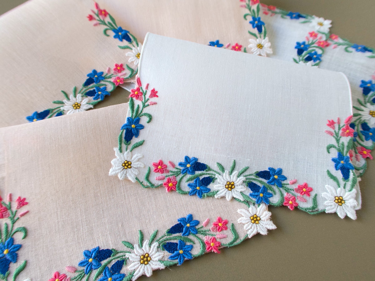 Beautiful Swiss Floral Vintage Linen Cocktail Napkins, Set of 6