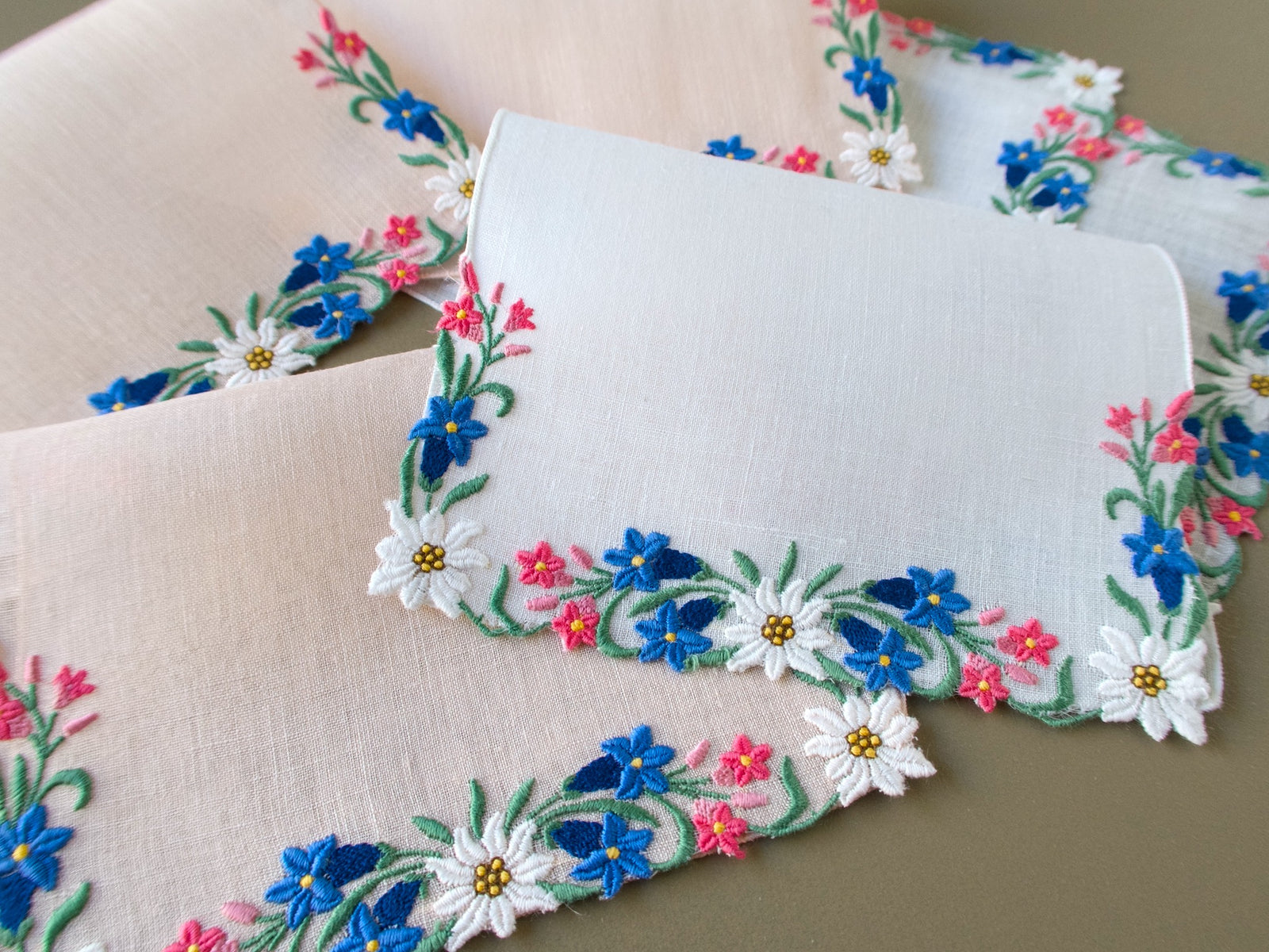 Beautiful Swiss Floral Vintage Linen Cocktail Napkins, Set of 6