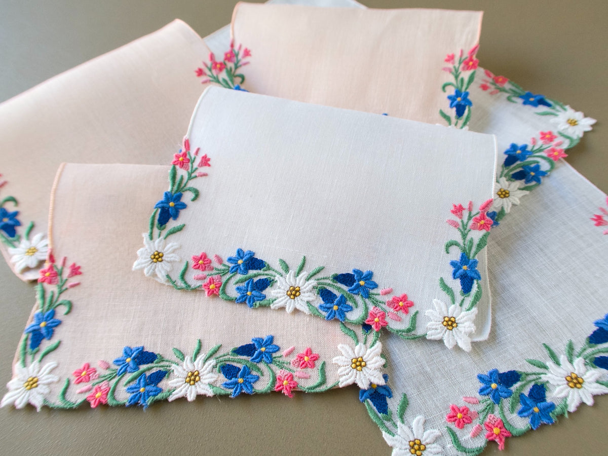 Beautiful Swiss Floral Vintage Linen Cocktail Napkins, Set of 6