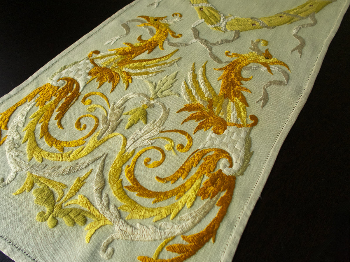 Birds of Paradise Vintage Embroidered Linen Table Runner 17x60&quot;