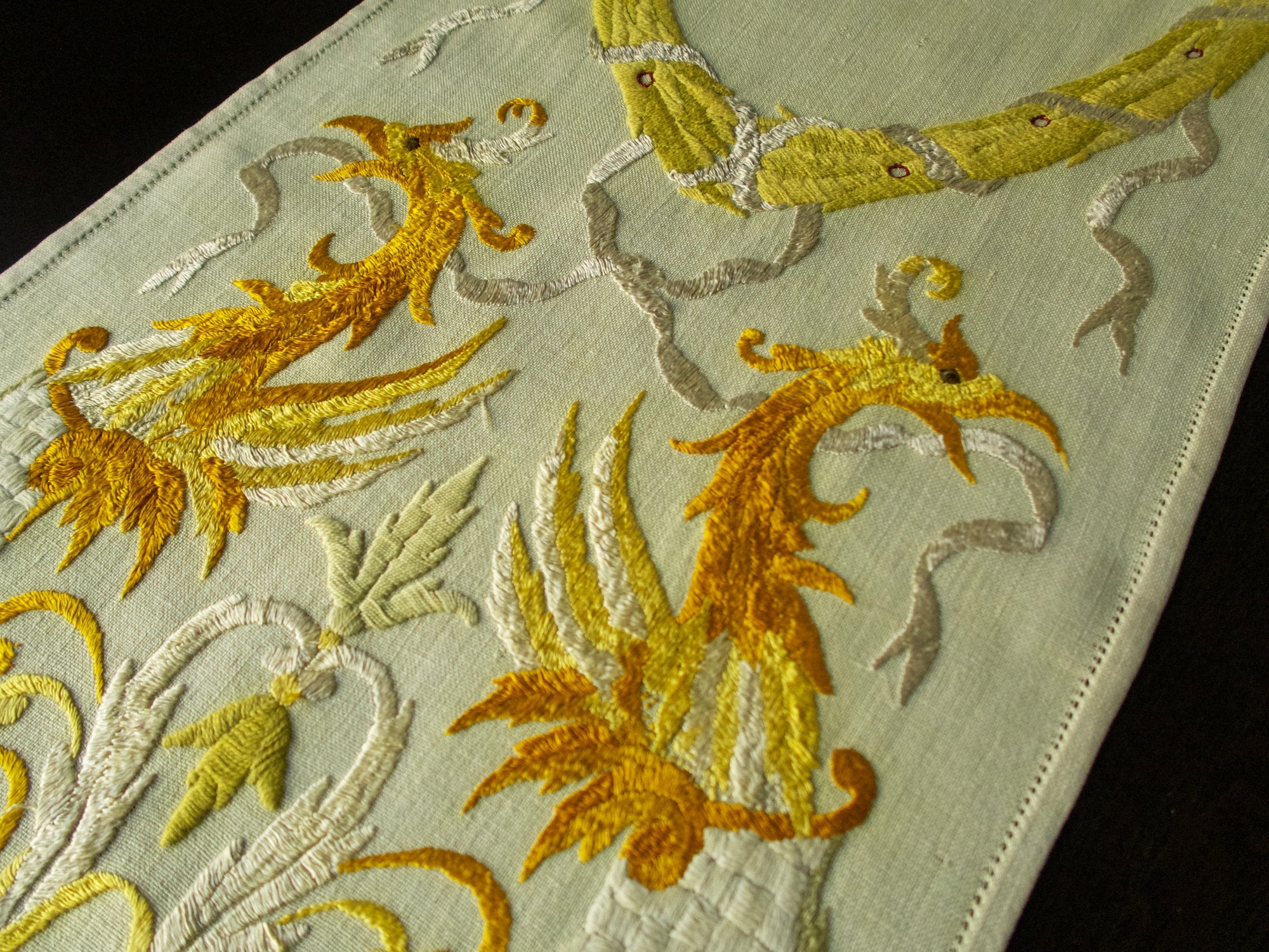 Birds of Paradise Vintage Embroidered Linen Table Runner 17x60"