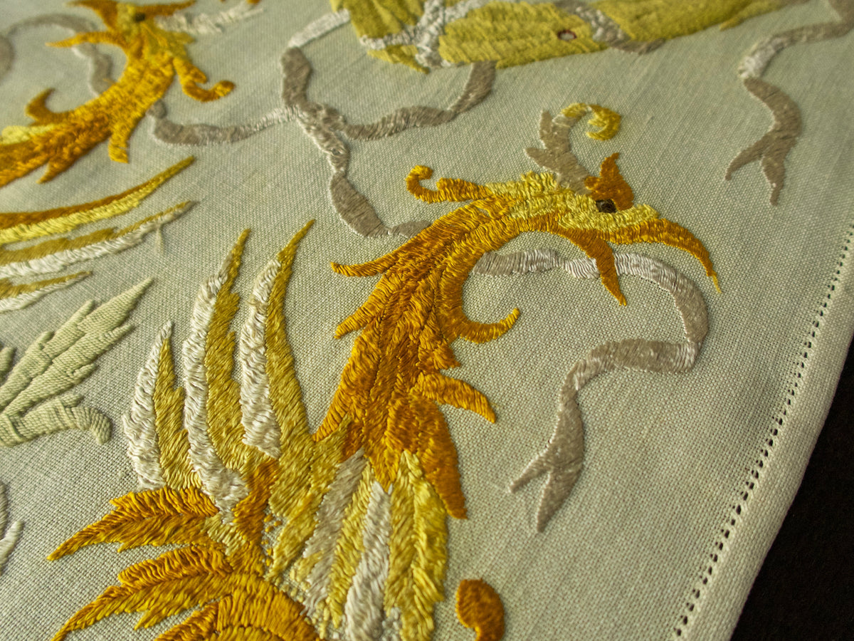 Birds of Paradise Vintage Embroidered Linen Table Runner 17x60&quot;