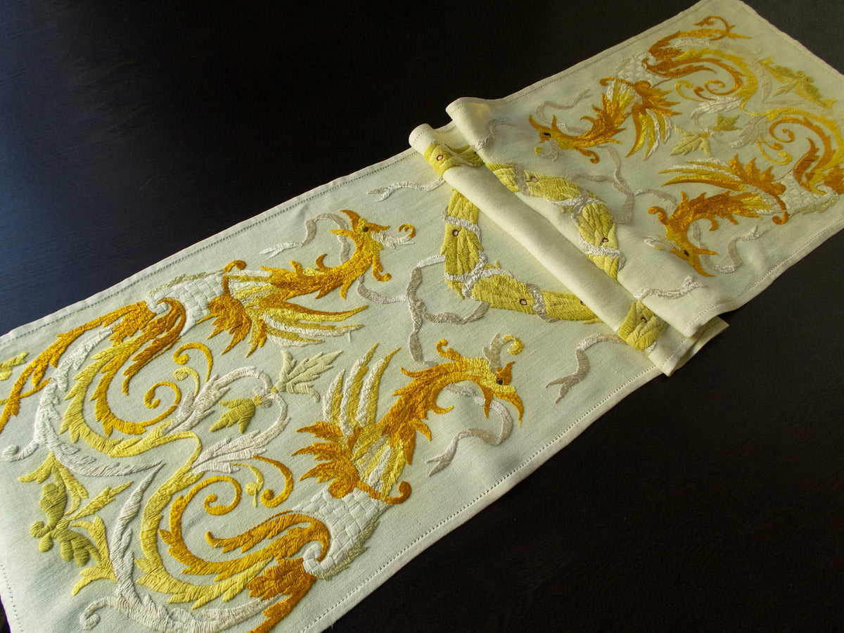 Birds of Paradise Vintage Embroidered Linen Table Runner 17x60&quot;