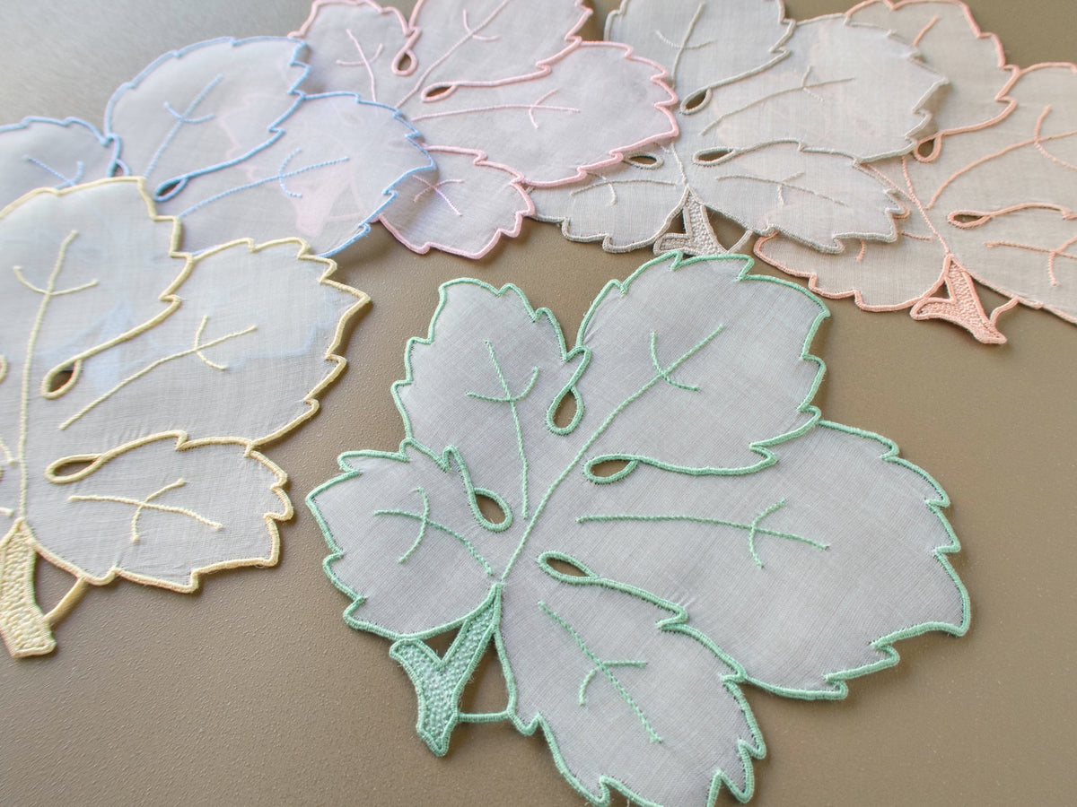 Single vintage Madeira organdy leaf cocktail napkin with embroidered veins and stem