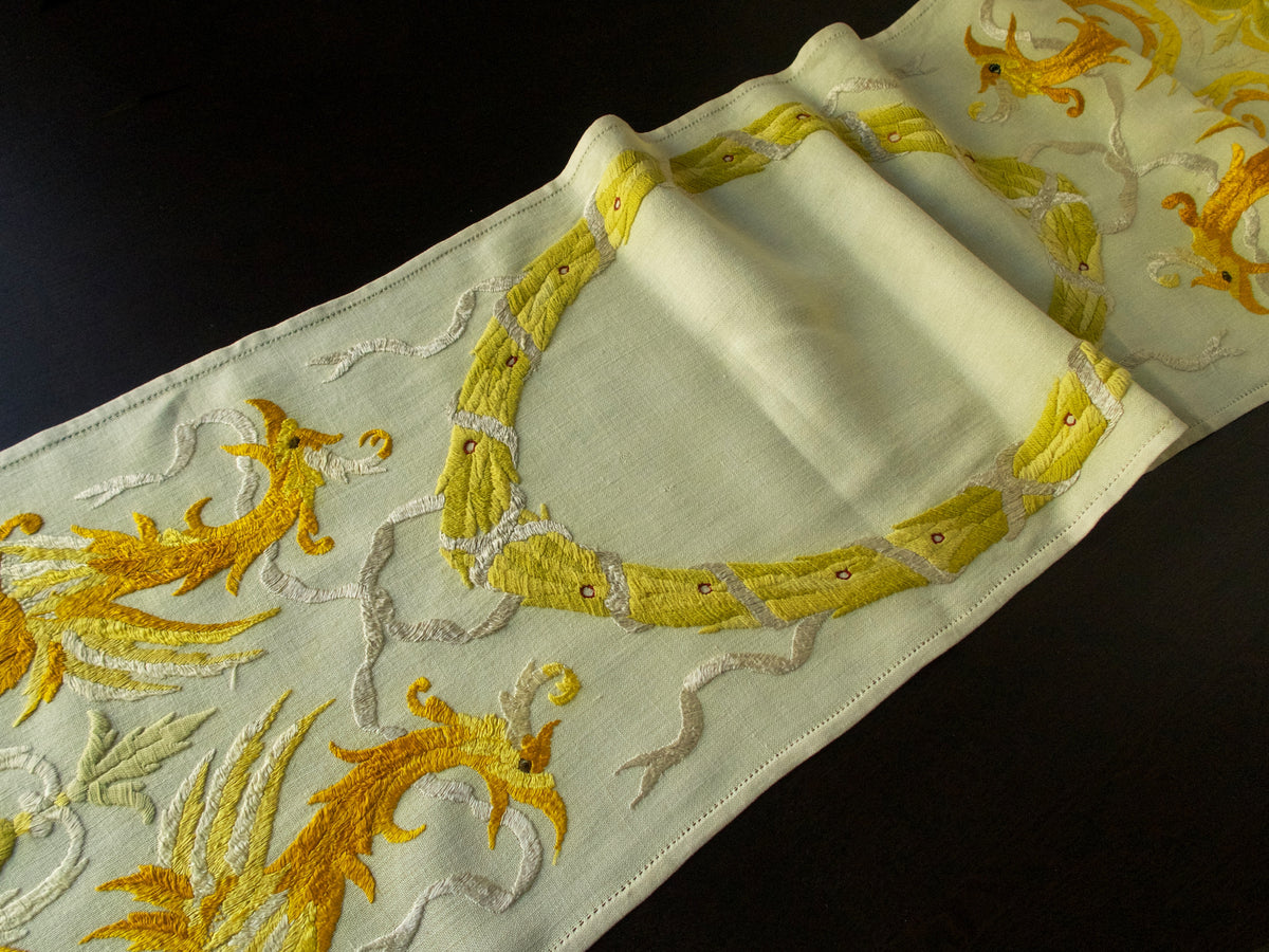 Birds of Paradise Vintage Embroidered Linen Table Runner 17x60&quot;