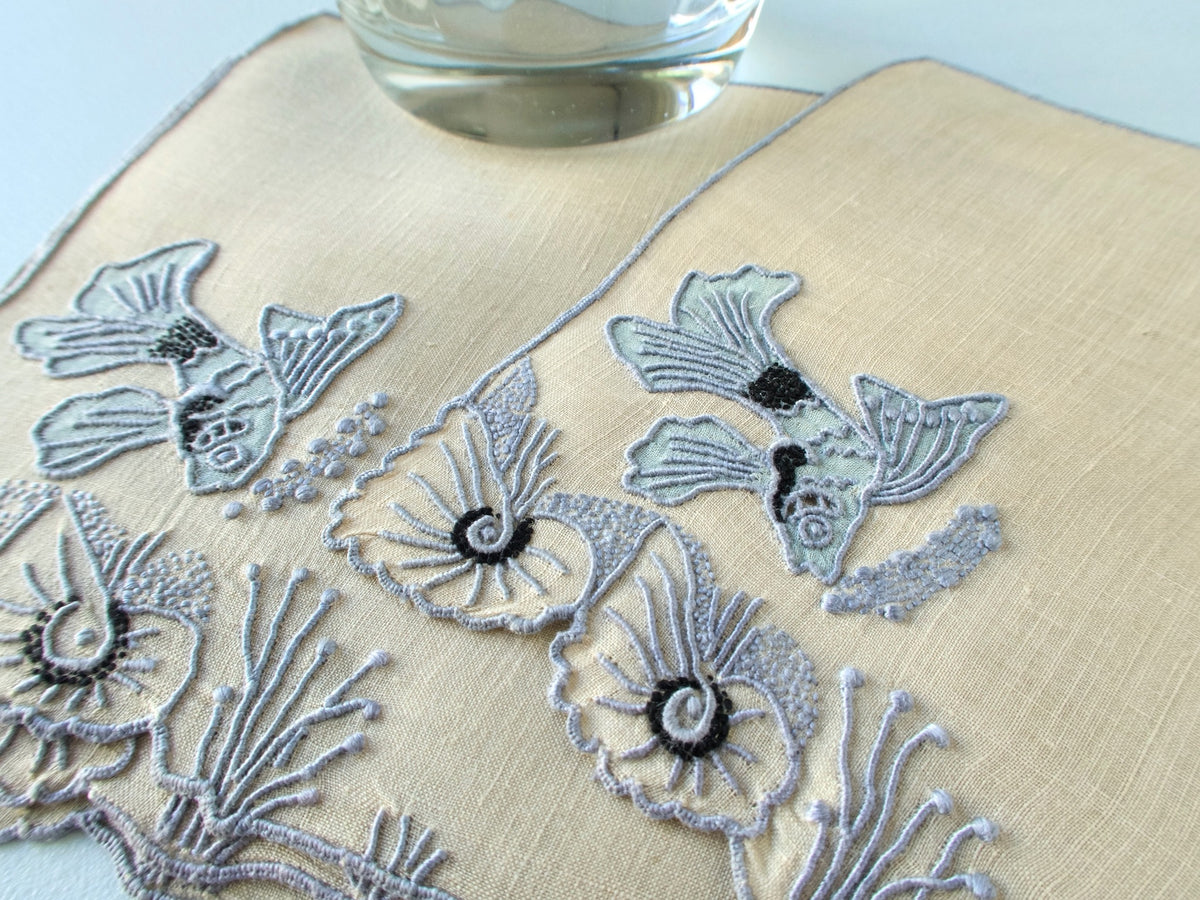 Vintage Marghab “Tropical Fish” cocktail napkins, set of 6, hand embroidered on fine Irish linen in Madeira, detailed fish, shells and coral motifs.