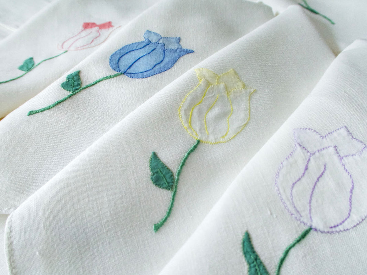 Pastel Tulips Vintage Italian Embroidered 20&quot; Linen Napkins, Set of 12
