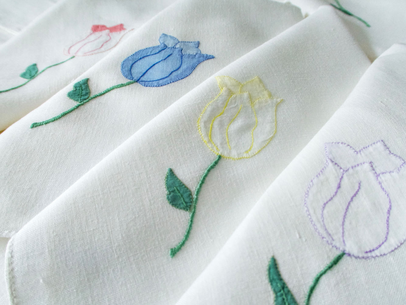 Pastel Tulips Vintage Italian Embroidered 20" Linen Napkins, Set of 12