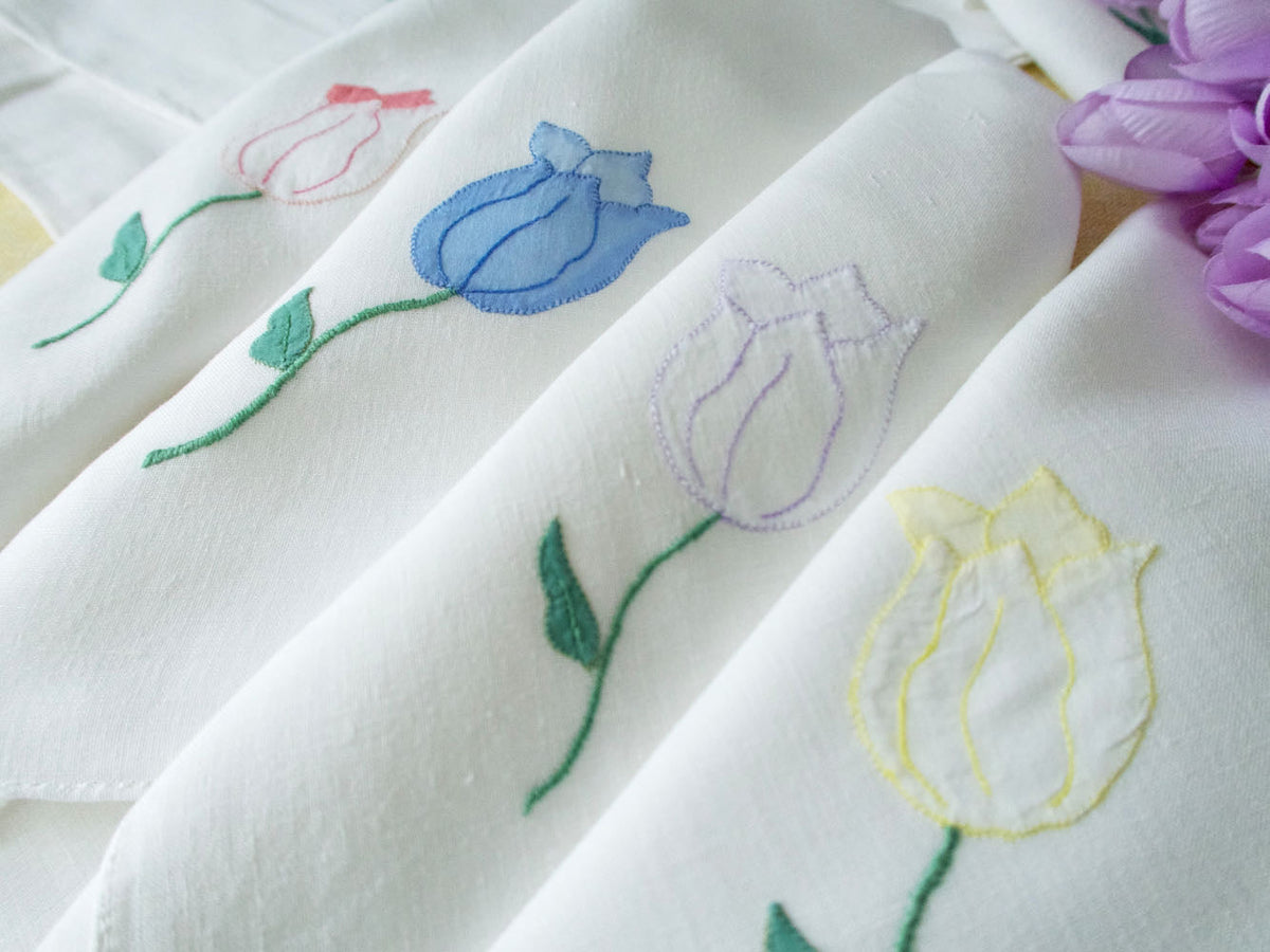Pastel Tulips Vintage Italian Embroidered 20&quot; Linen Napkins, Set of 12