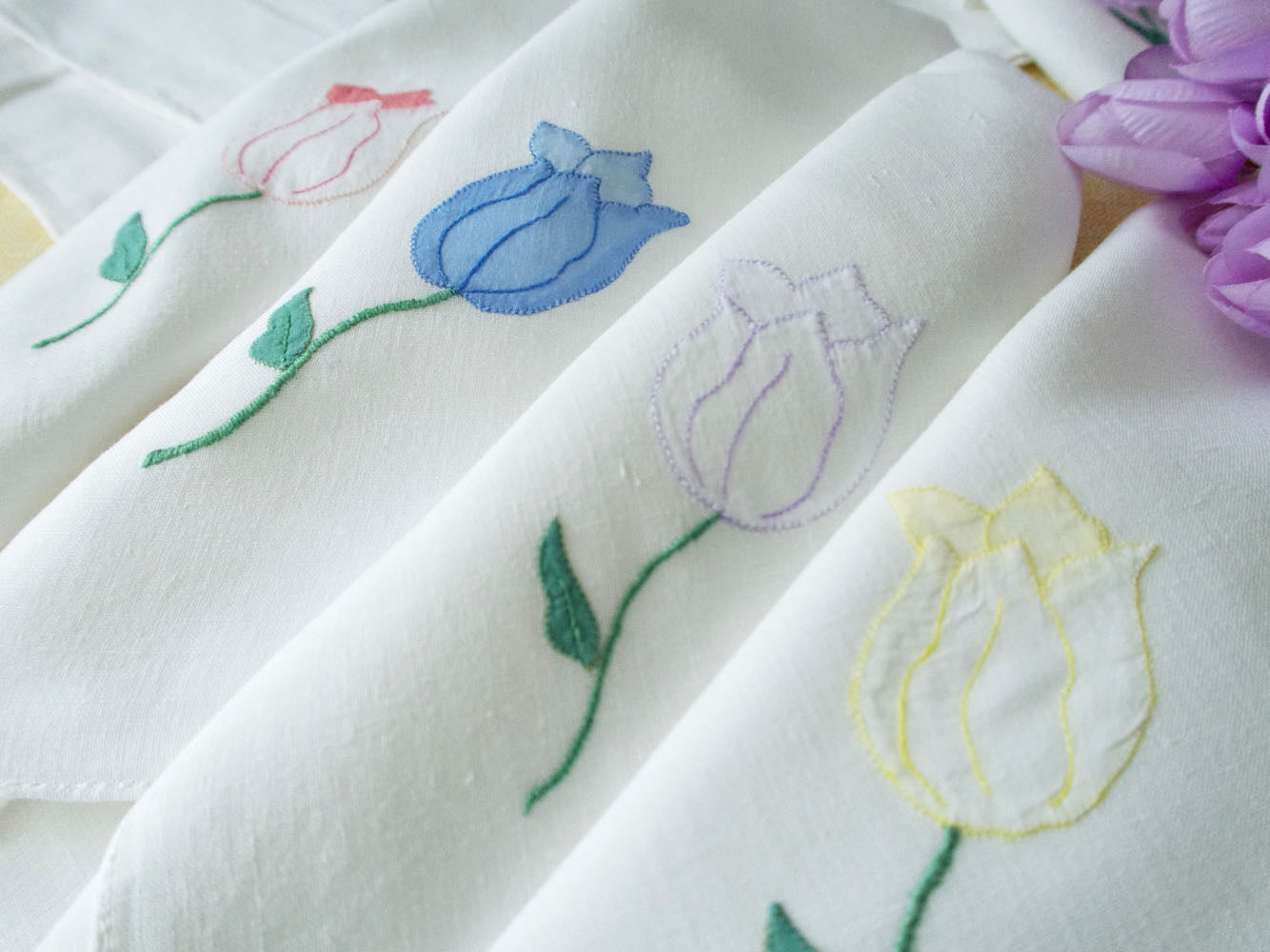 Pastel Tulips Vintage Italian Embroidered 20" Linen Napkins, Set of 12