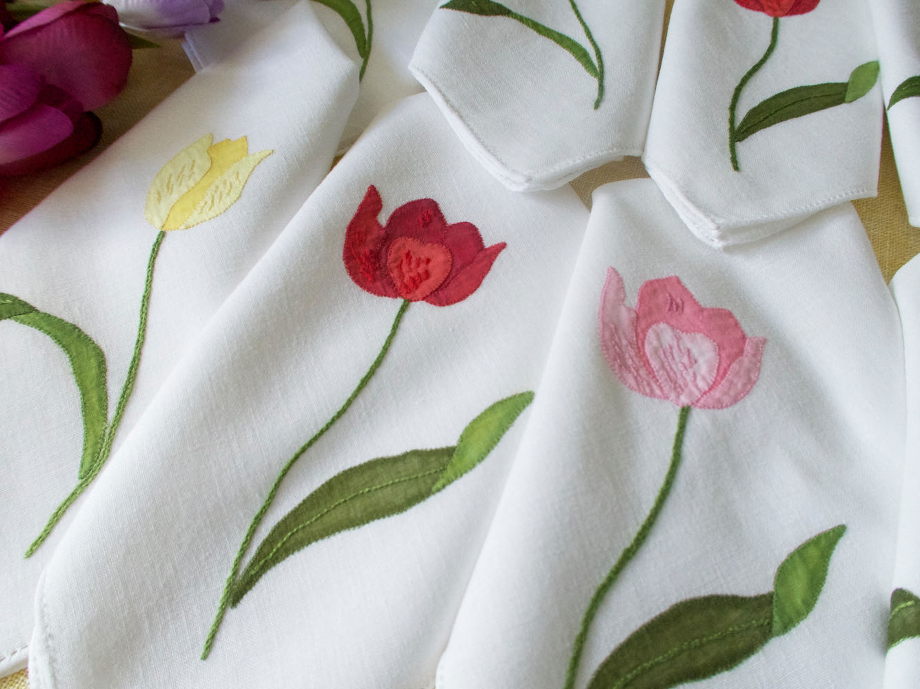 Tulips Vintage Italian Embroidered 16" Linen Napkins, Set of 8