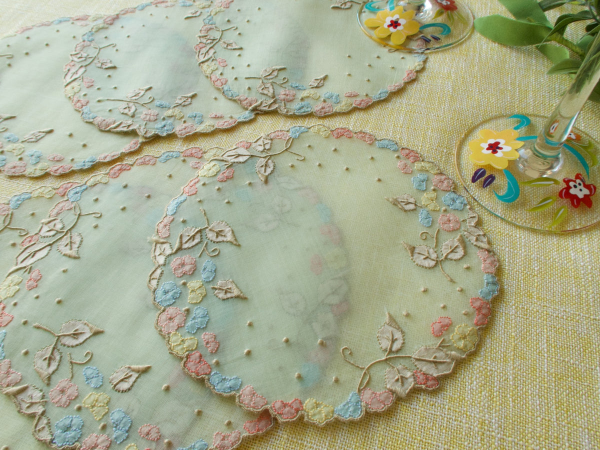 Floral Vintage Madeira Organdy Cocktail Rounds Napkins, Set of 6