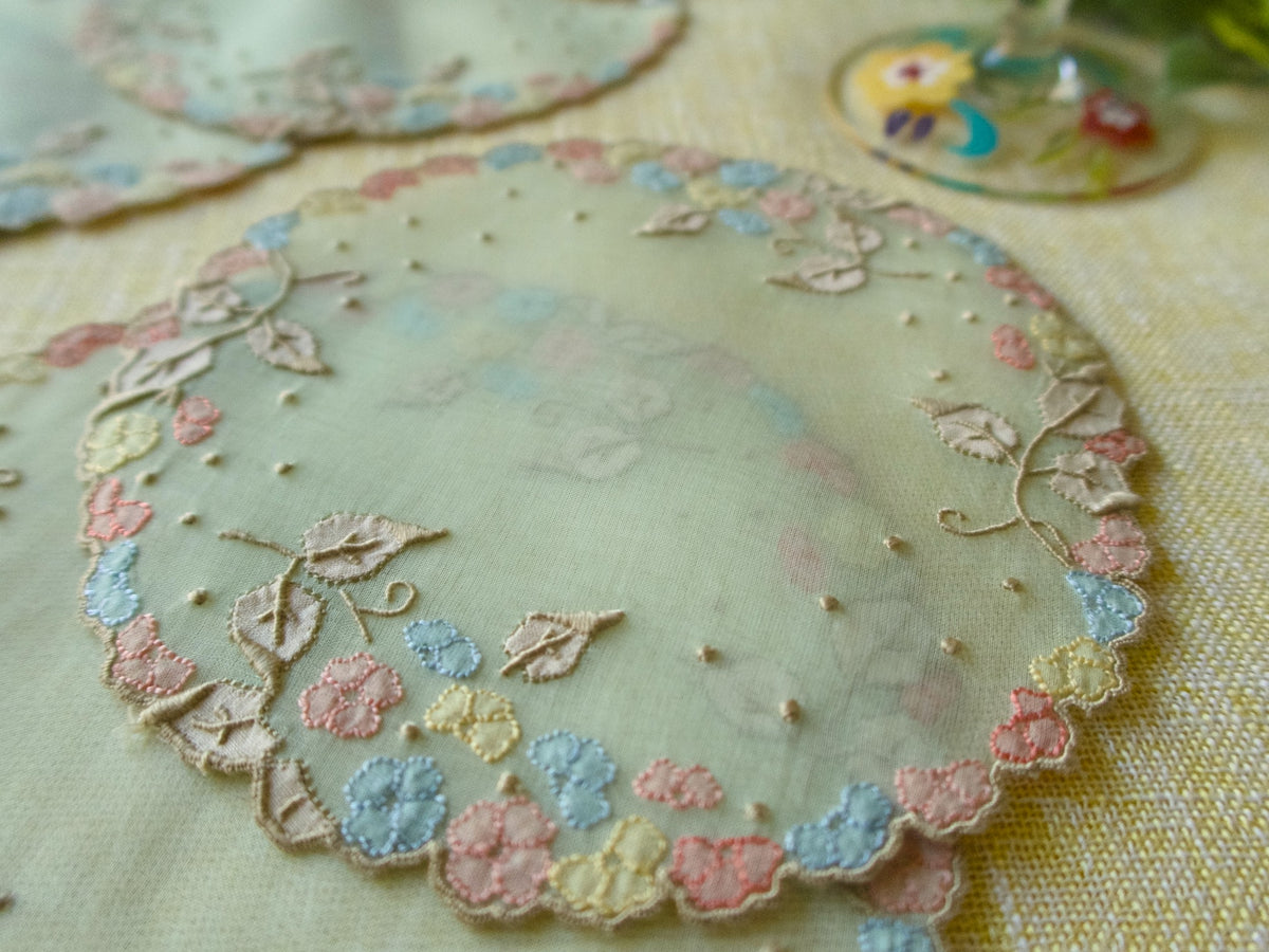 Floral Vintage Madeira Organdy Cocktail Rounds Napkins, Set of 6