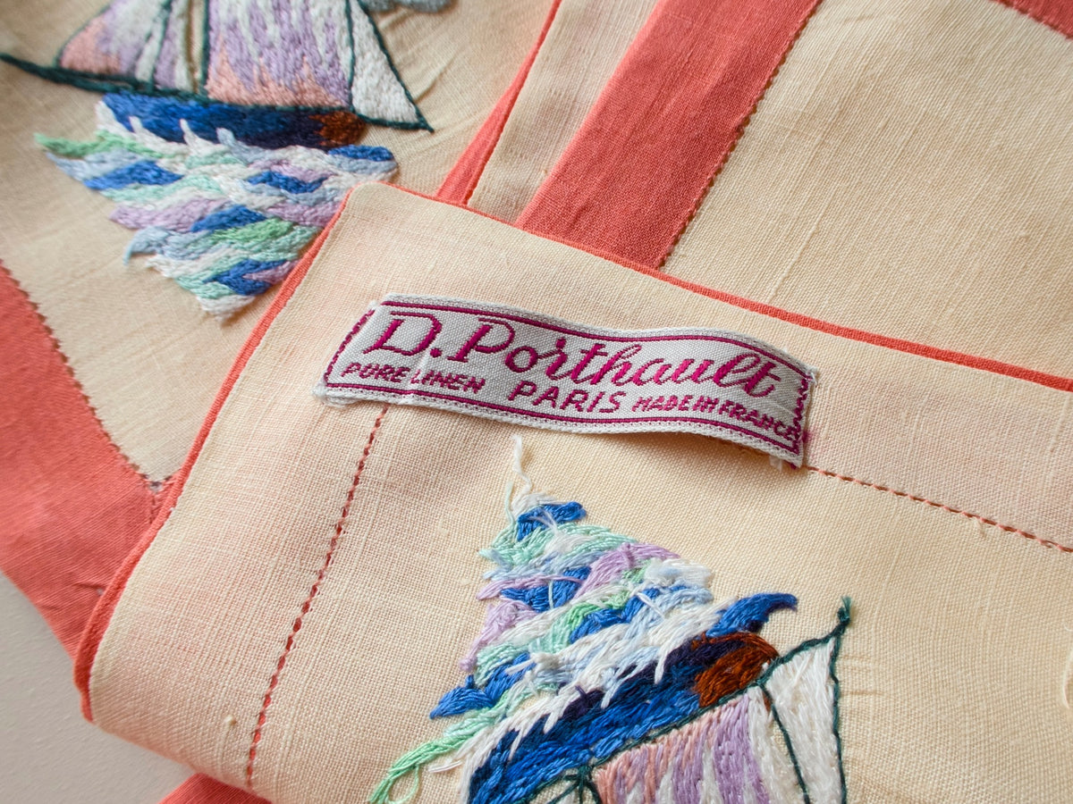 D. Porthault Paris woven label on vintage mid-century French linen dinner napkin.​​​​​​​​​​​​​​​​