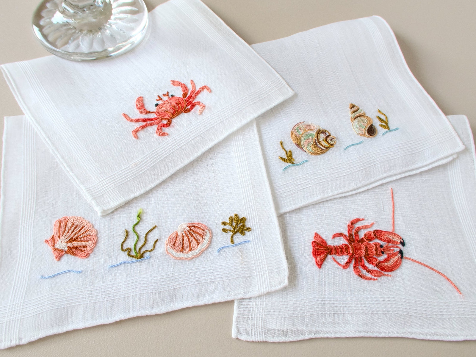Vintage French Beauvais cocktail napkins, set of 4, hand embroidered crabs, lobsters and sea creatures on fine white linen.