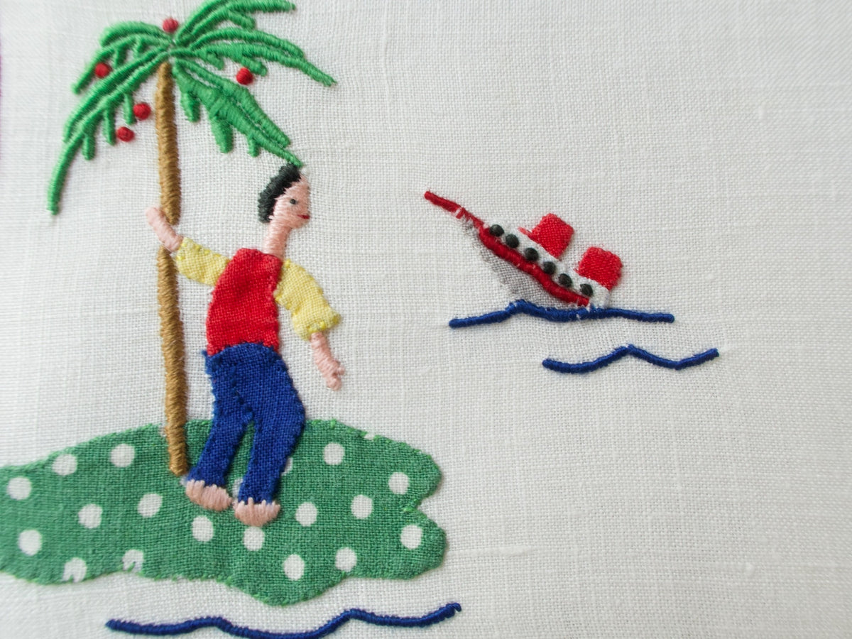 Shipwreck scene with palm trees and ocean waves on Madeira embroidered cocktail napkin.