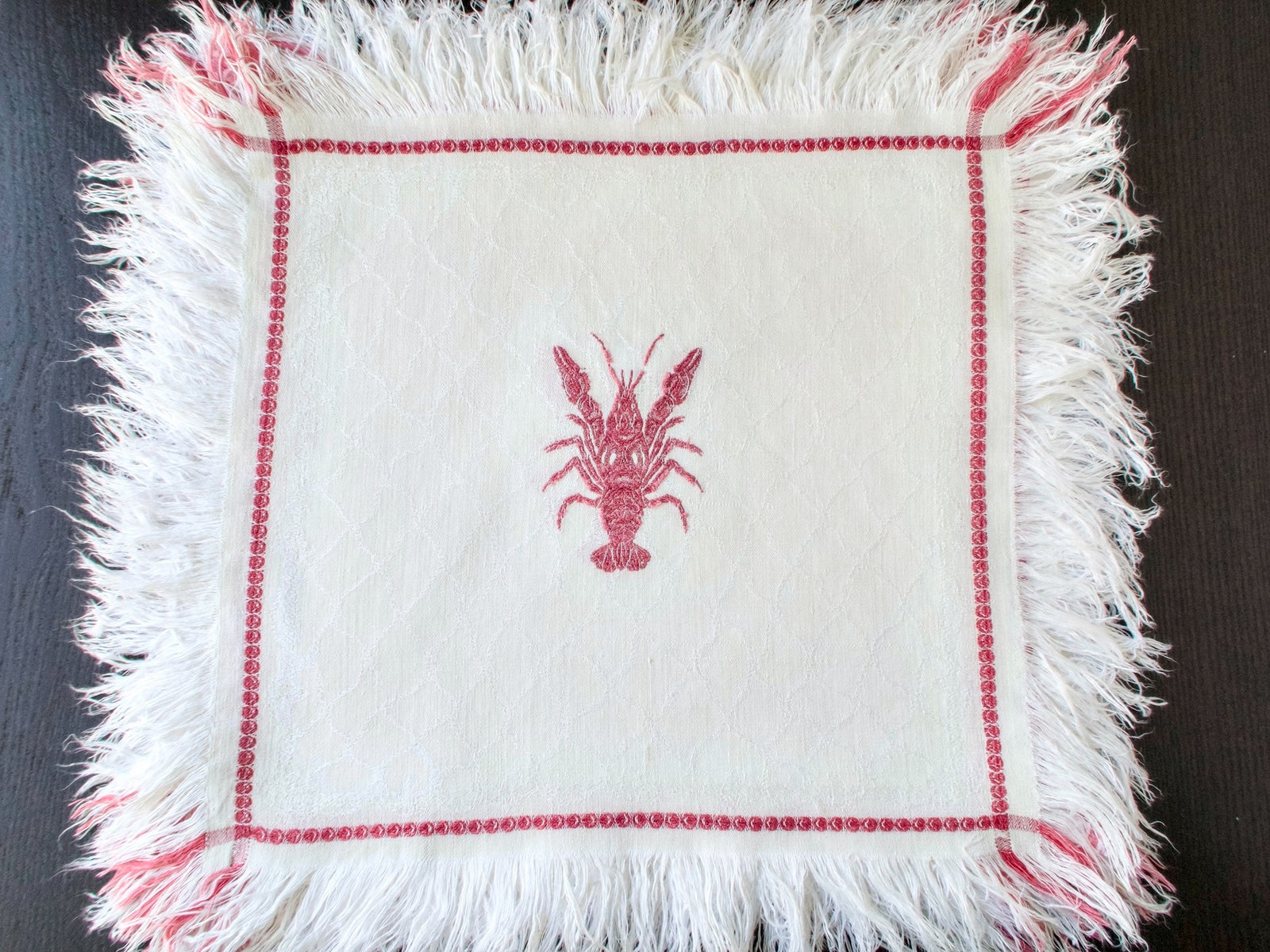 Antique French lobster damask napkins from Château de Kerguehennec, set of 12 with fringe, circa 1900