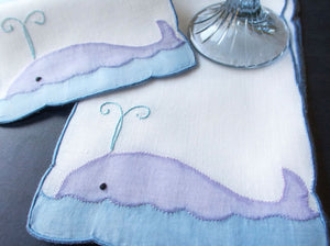 Whales in Lilac Vintage Madeira Linen Cocktail Napkins, Set of 6