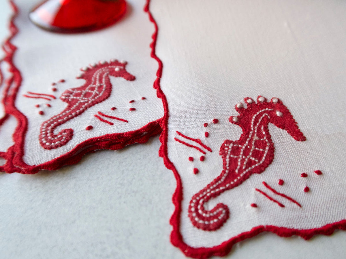 Seahorses &amp; Starfish Vintage Madeira Linen Cocktail Napkins, Set of 6