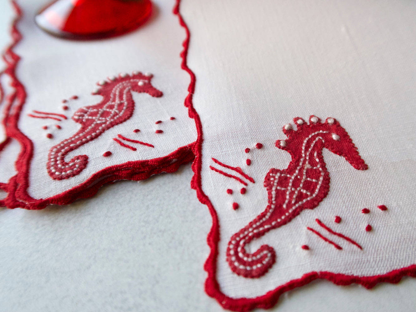 Seahorses & Starfish Vintage Madeira Linen Cocktail Napkins, Set of 6