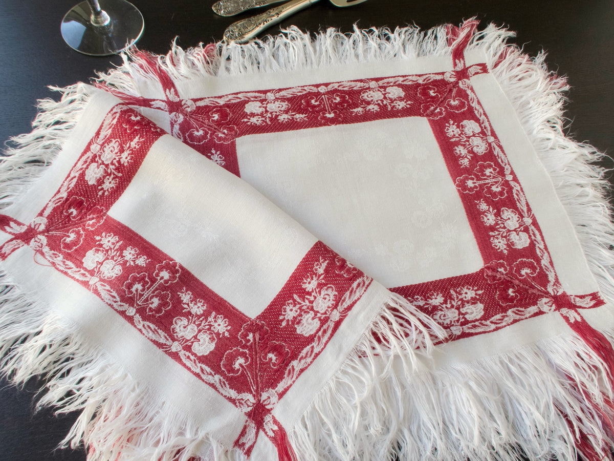 French Château Antique Redwork Damask Napkins, Set of 12