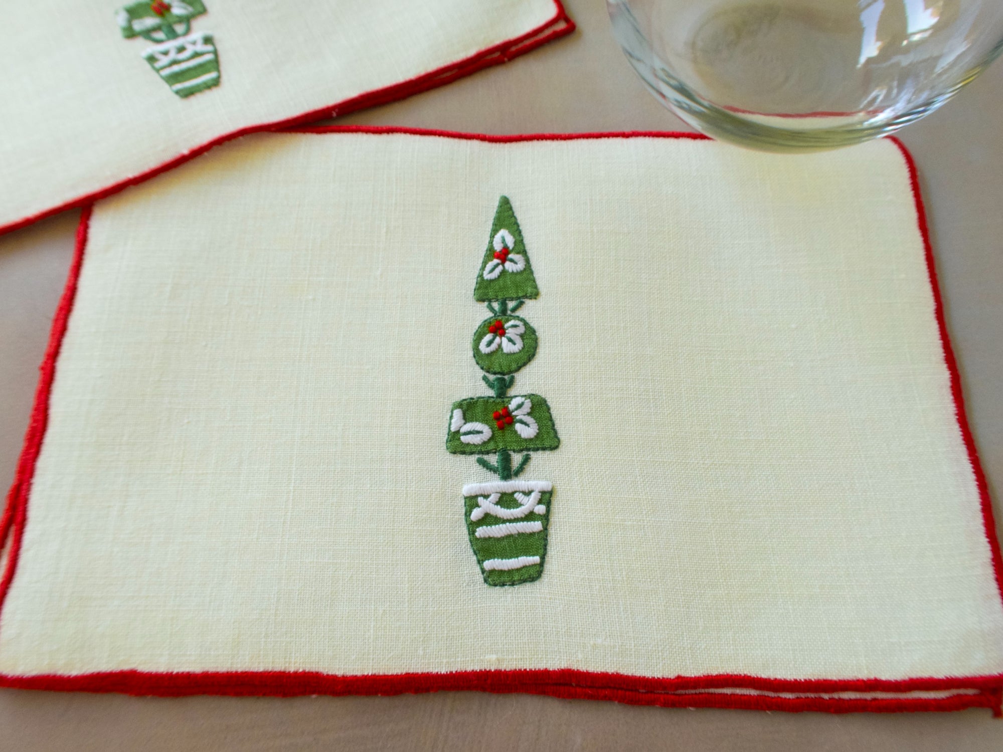 Christmas Topiary Vintage Madeira Linen Cocktail Napkins, Set of 8