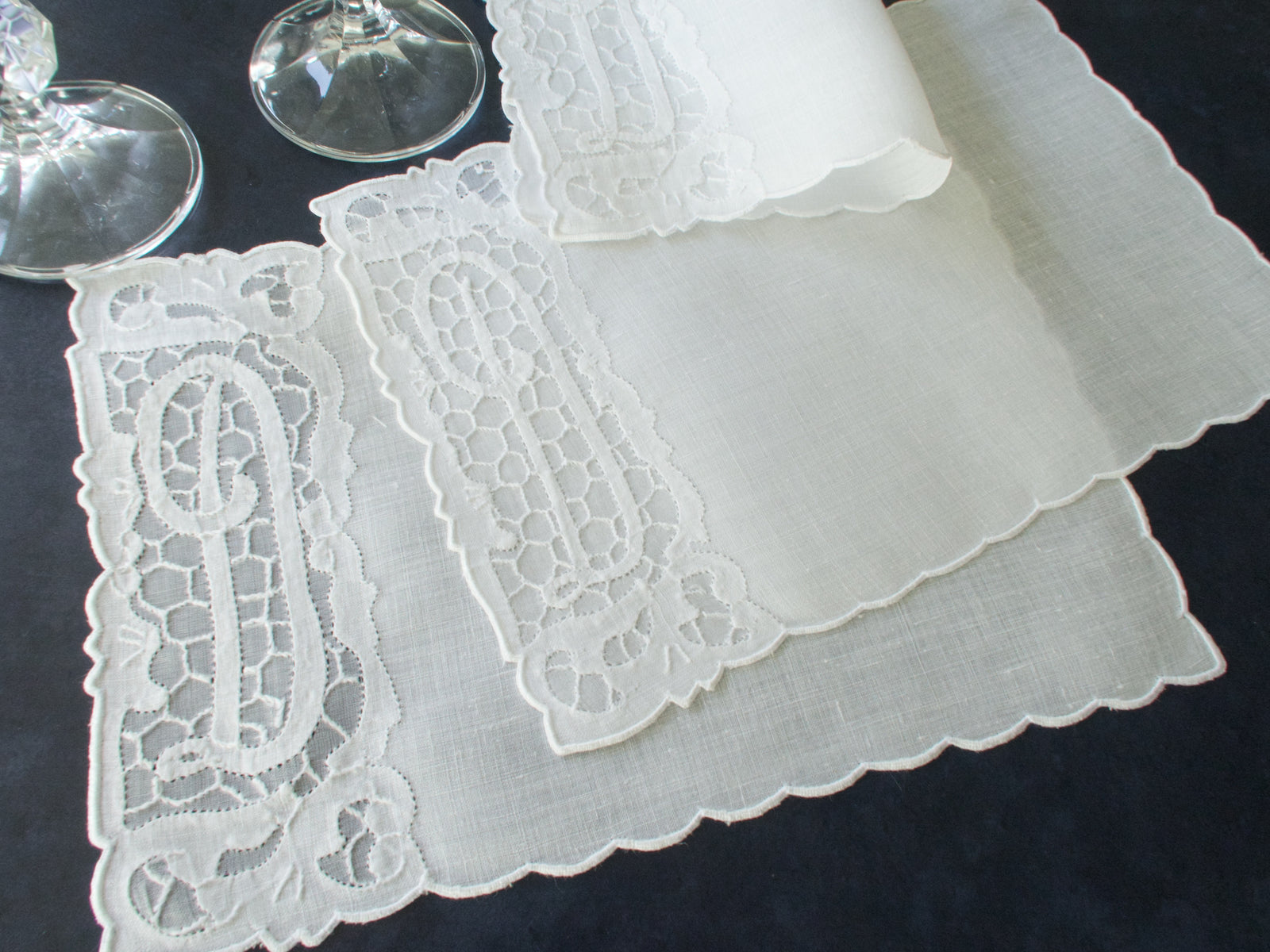 "D" Monogram Vintage Madeira Linen Cocktail Napkins, Set of 6