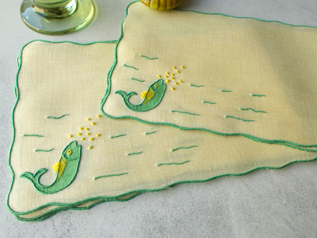 Fish & Bubbles Vintage Madeira Linen Cocktail Napkins, Set of 8