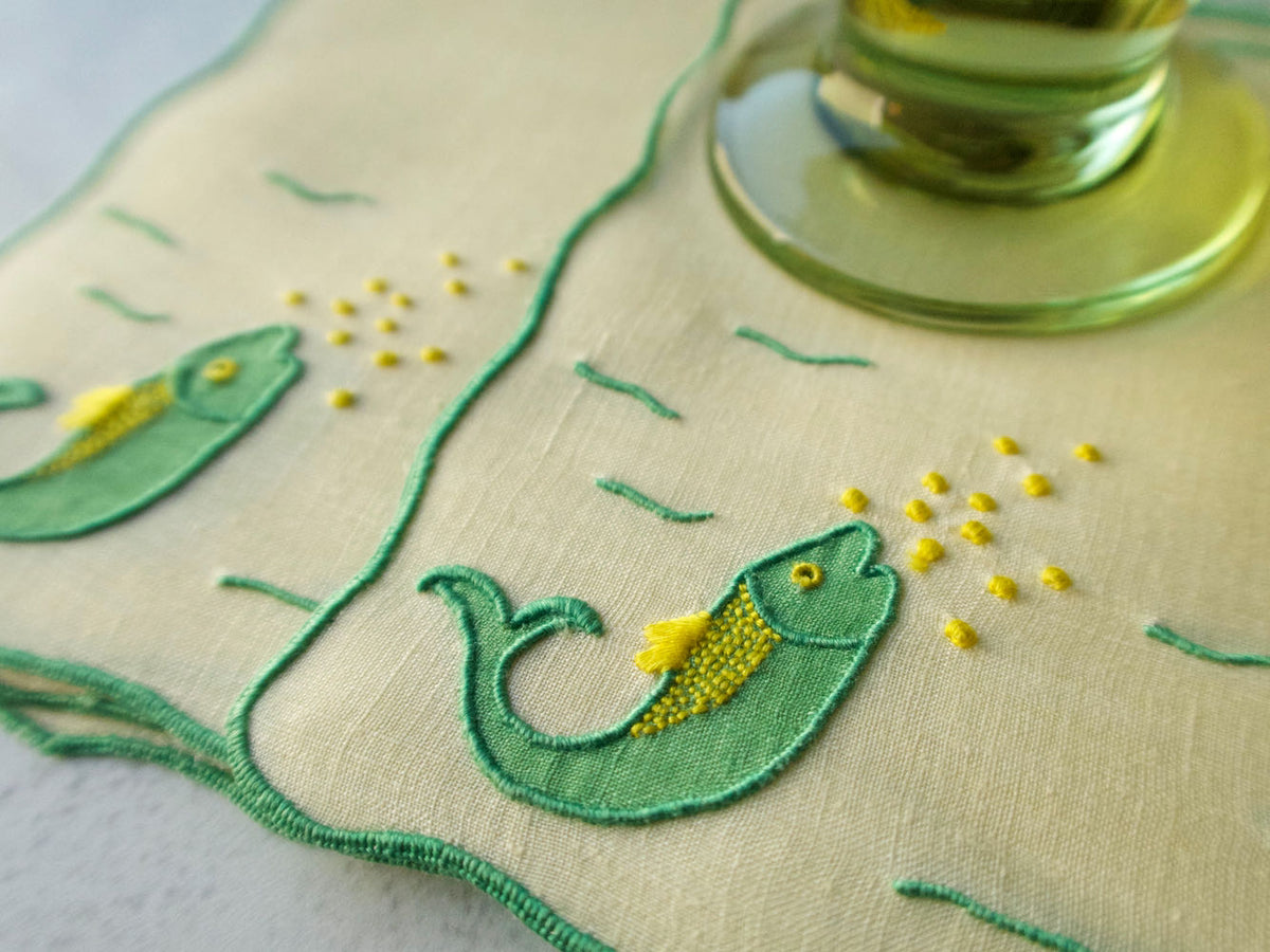 Fish &amp; Bubbles Vintage Madeira Linen Cocktail Napkins, Set of 8