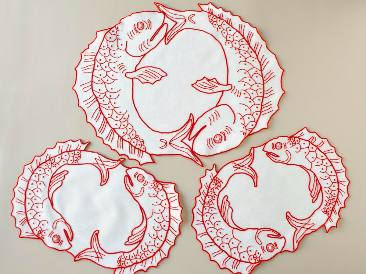 A Trio of Red Embroidered Fish, Vintage Madeira Linens