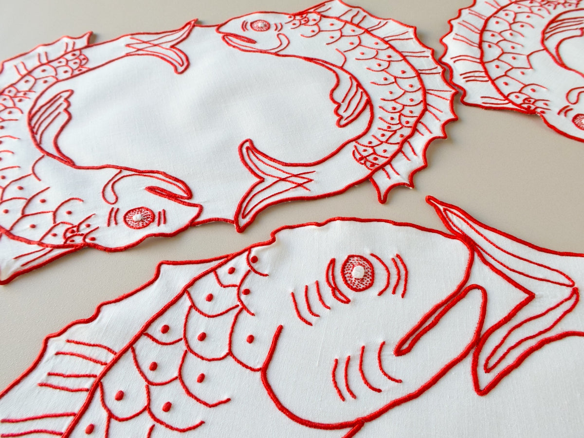 A Trio of Red Embroidered Fish, Vintage Madeira Linens