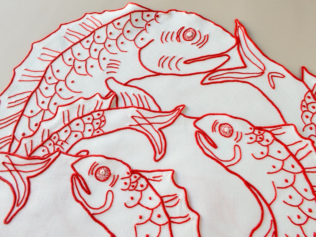 A Trio of Red Embroidered Fish, Vintage Madeira Linens