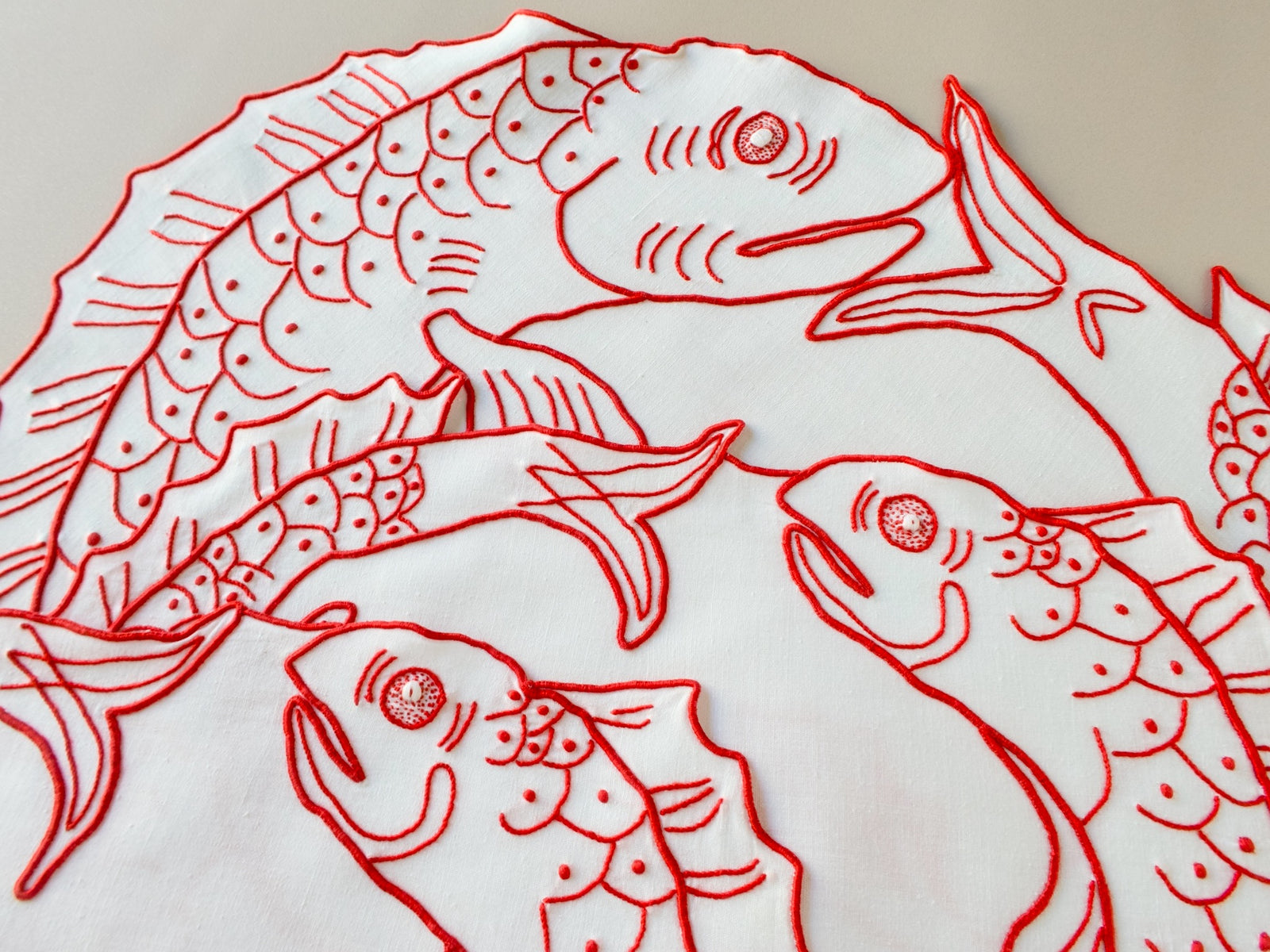 A Trio of Red Embroidered Fish, Vintage Madeira Linens