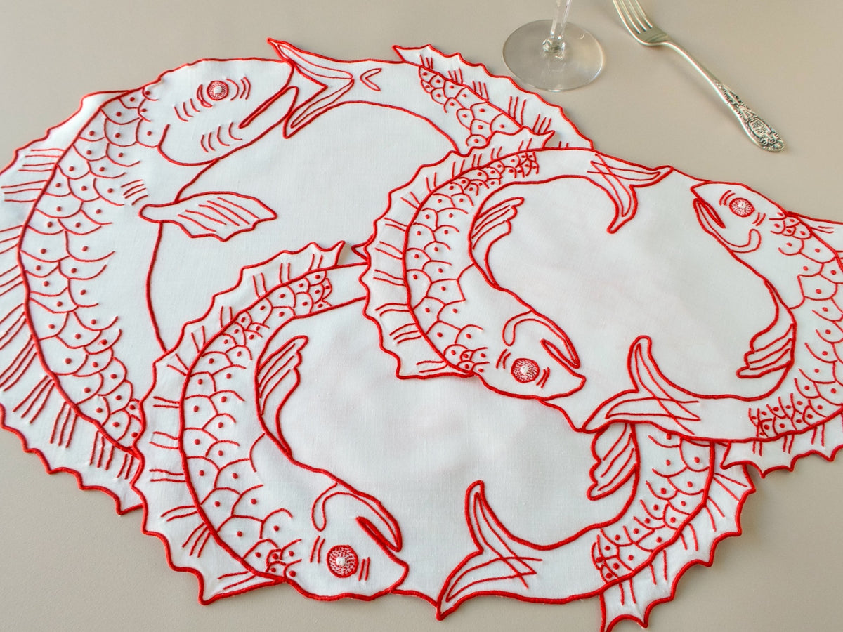 A Trio of Red Embroidered Fish, Vintage Madeira Linens