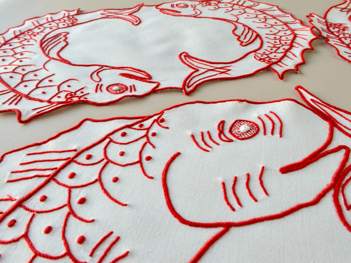 A Trio of Red Embroidered Fish, Vintage Madeira Linens