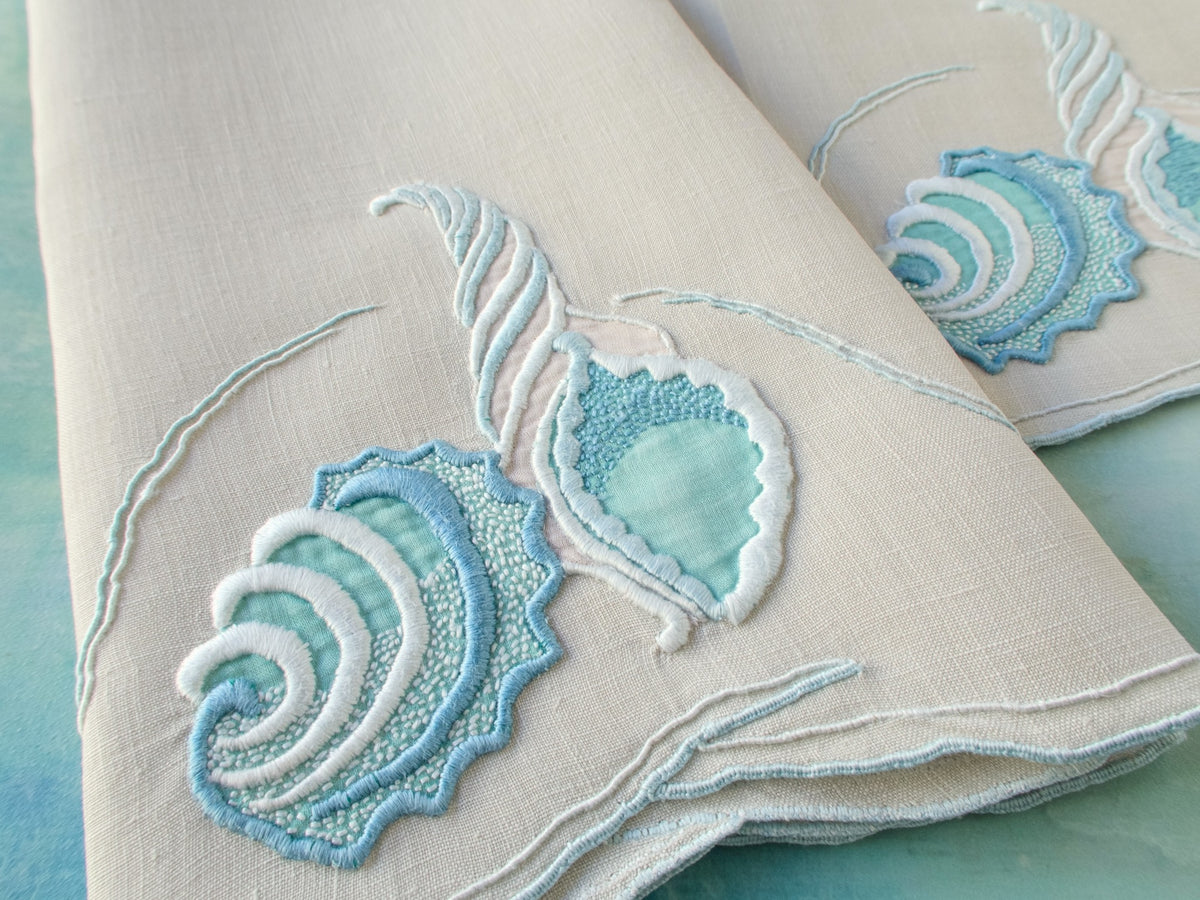 Vintage Marghab “Concha” guest towels, set of 2, blue shell hand embroidered on fine Irish linen in Madeira, elegant detail.