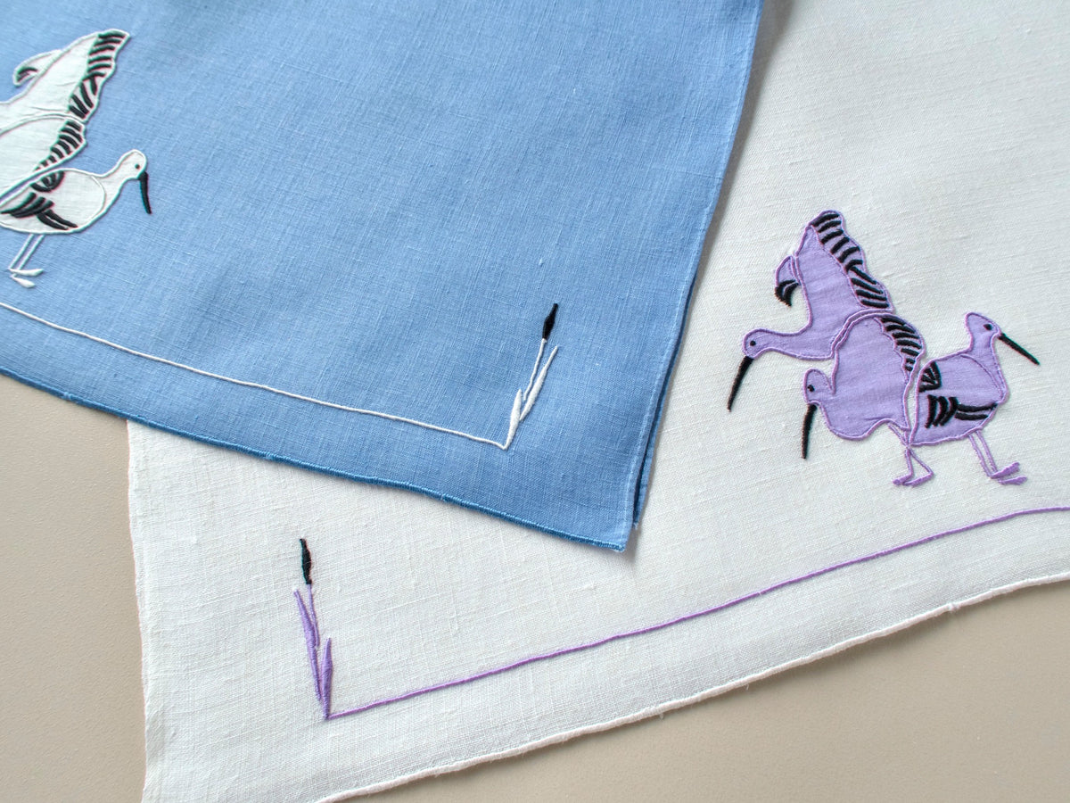 Modernist Water Birds Vintage Appliqué Linen Hand Towels, Set of 2