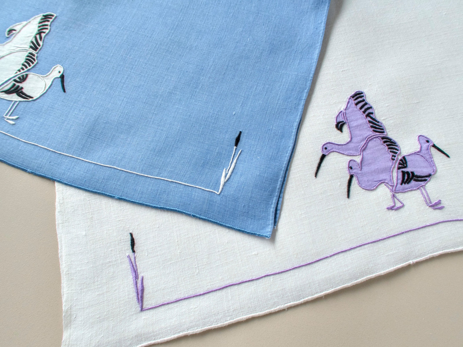 Modernist Water Birds Vintage Appliqué Linen Hand Towels, Set of 2